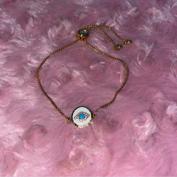 Gold Stainless Steel Blue Enamel Coin Zircon Evil Eye Adjustable Bracelet - Picture 3 of 3